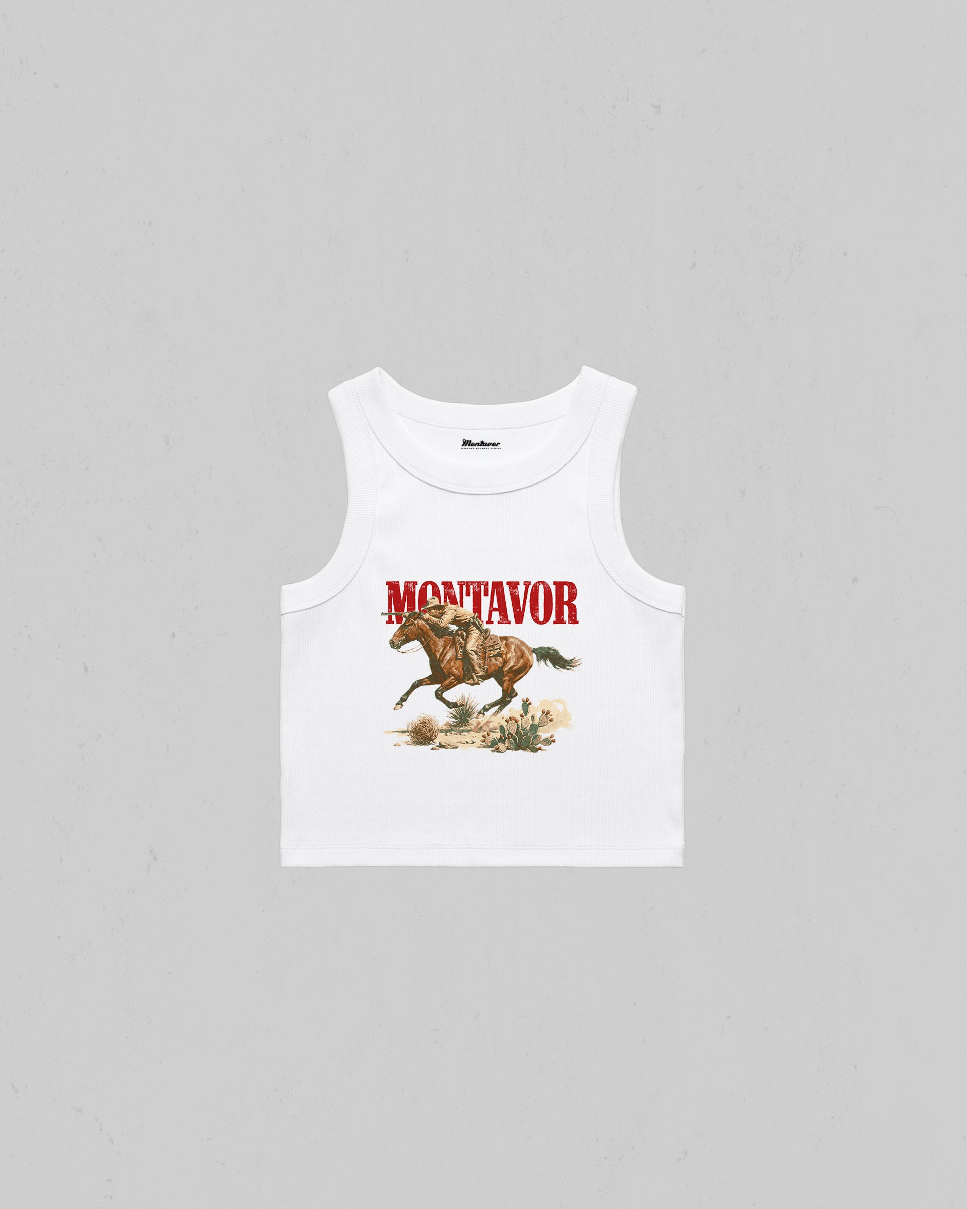 White Montavor Western Rider organic crop tank top with vintage cowboy and galloping horse graphic