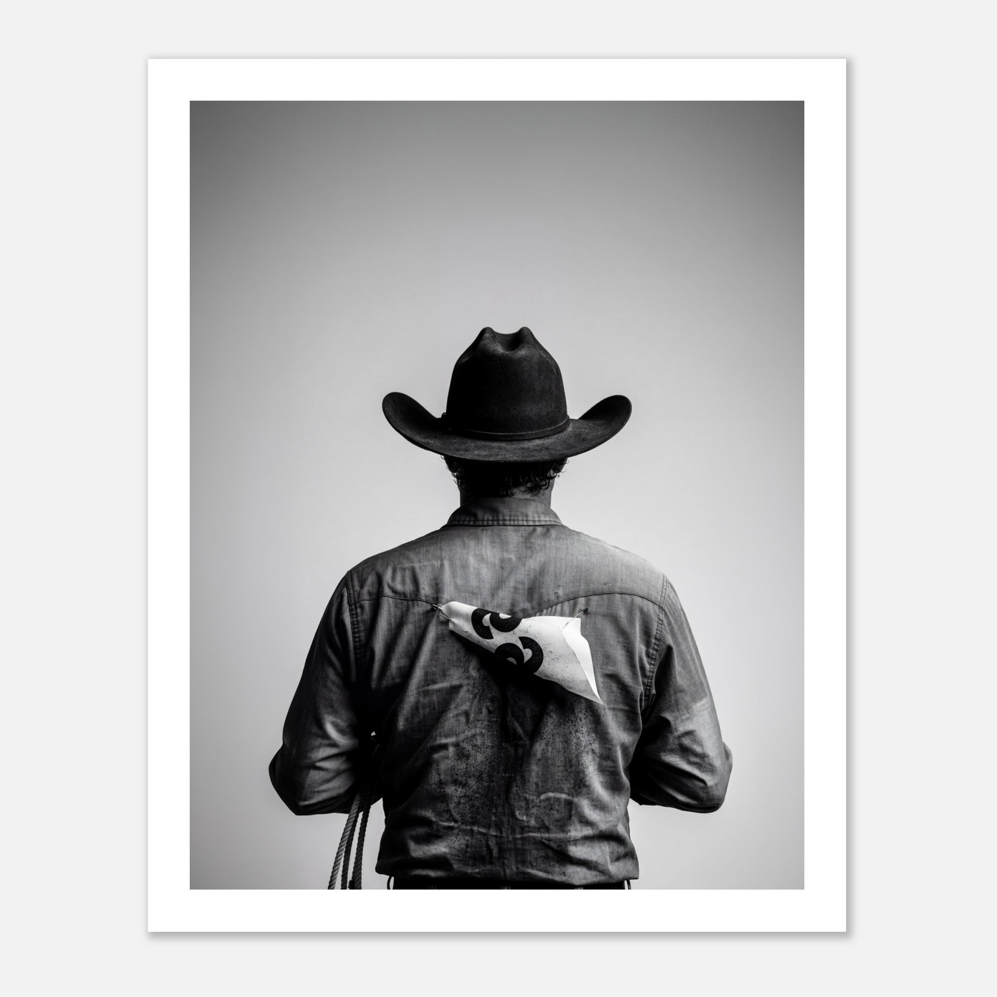 Black and white photograph of a rodeo cowboy viewed from behind wearing a western hat with a numbered rodeo tag pinned to his shirt after competition.