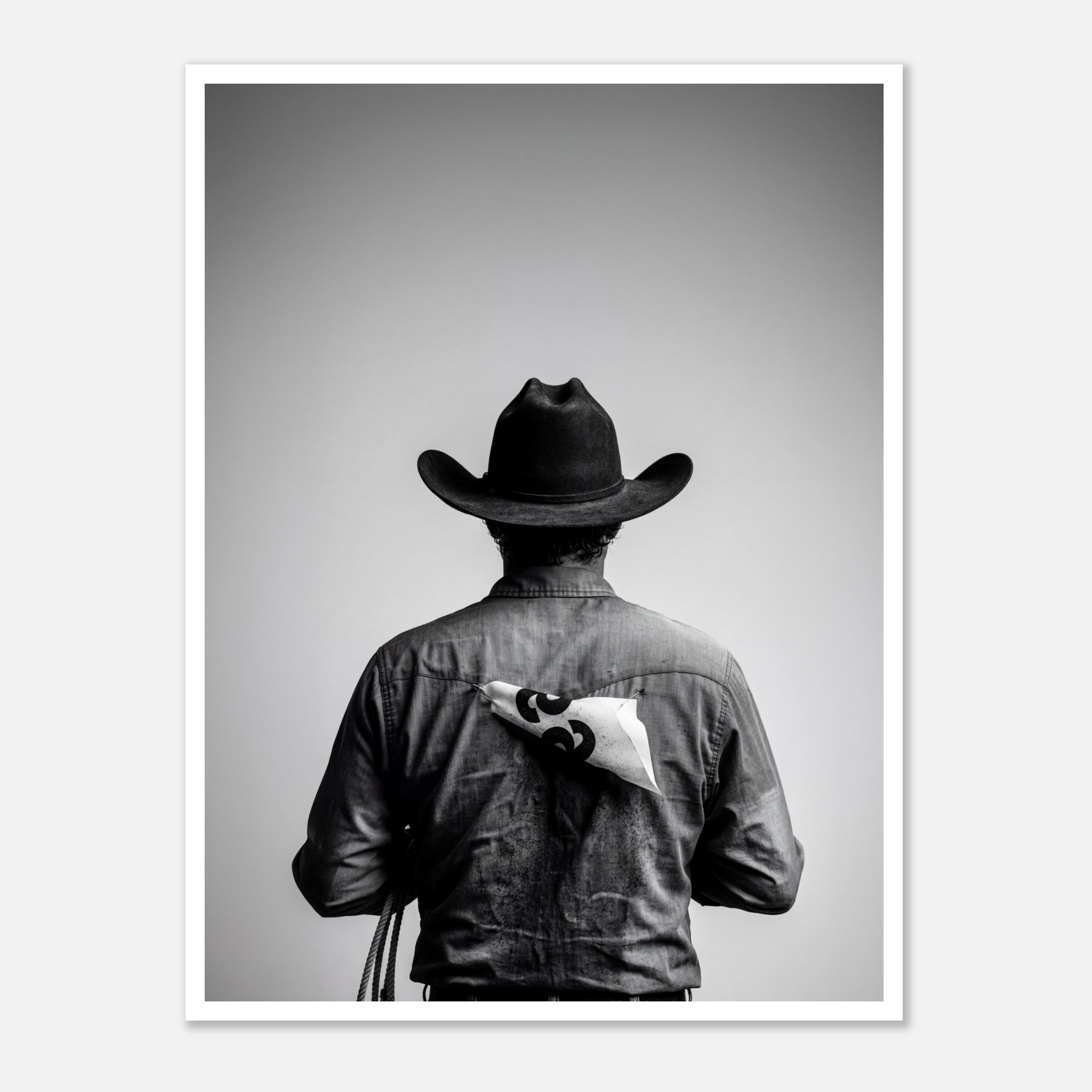 Black and white photograph of a rodeo cowboy viewed from behind wearing a western hat with a numbered rodeo tag pinned to his shirt after competition.