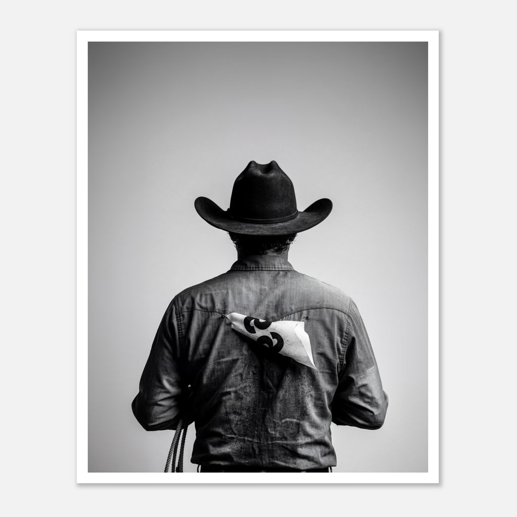 Black and white photograph of a rodeo cowboy viewed from behind wearing a western hat with a numbered rodeo tag pinned to his shirt after competition.