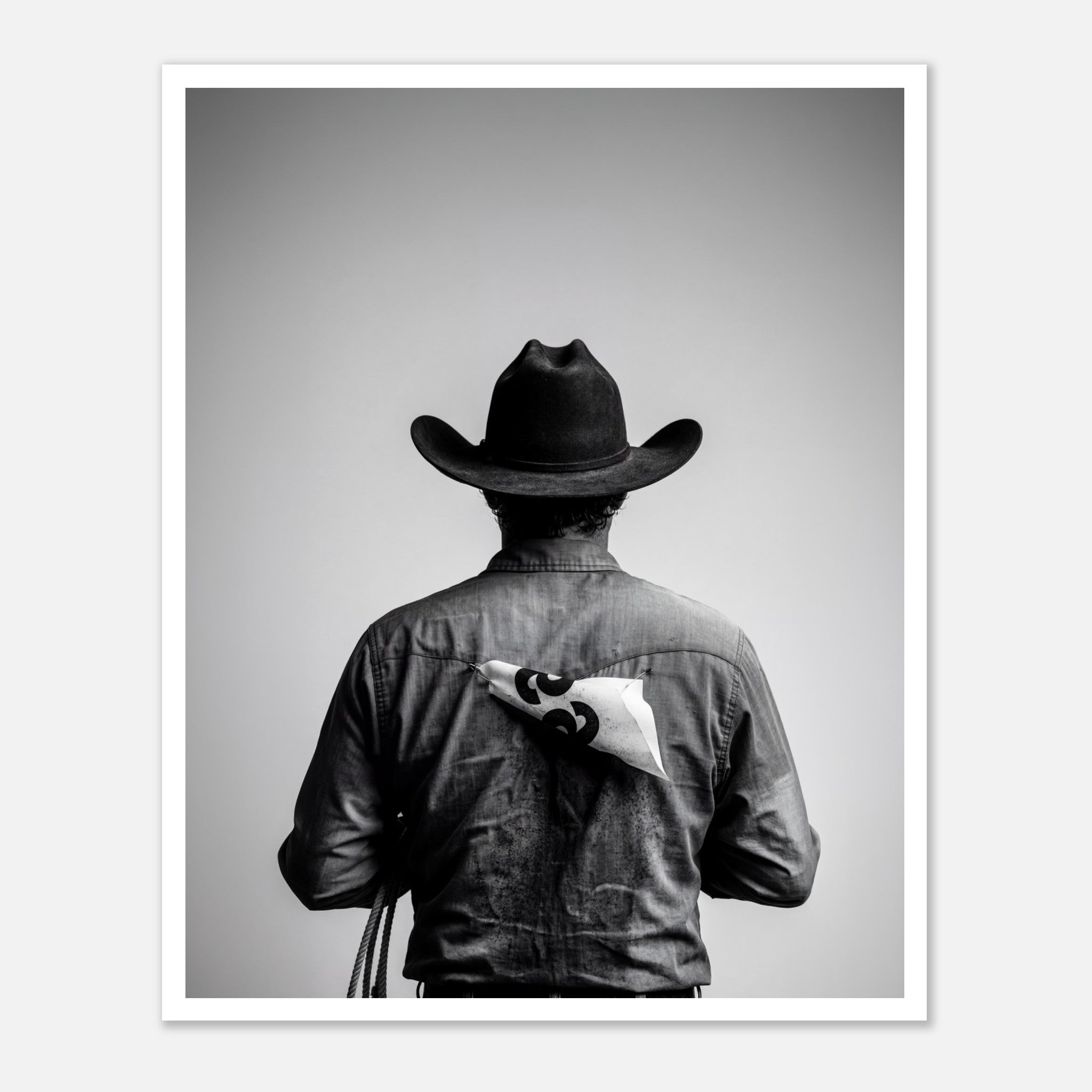 Black and white photograph of a rodeo cowboy viewed from behind wearing a western hat with a numbered rodeo tag pinned to his shirt after competition.