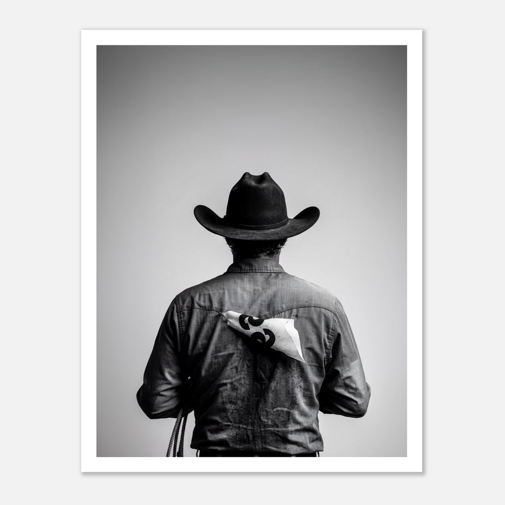 Black and white photograph of a rodeo cowboy viewed from behind wearing a western hat with a numbered rodeo tag pinned to his shirt after competition.