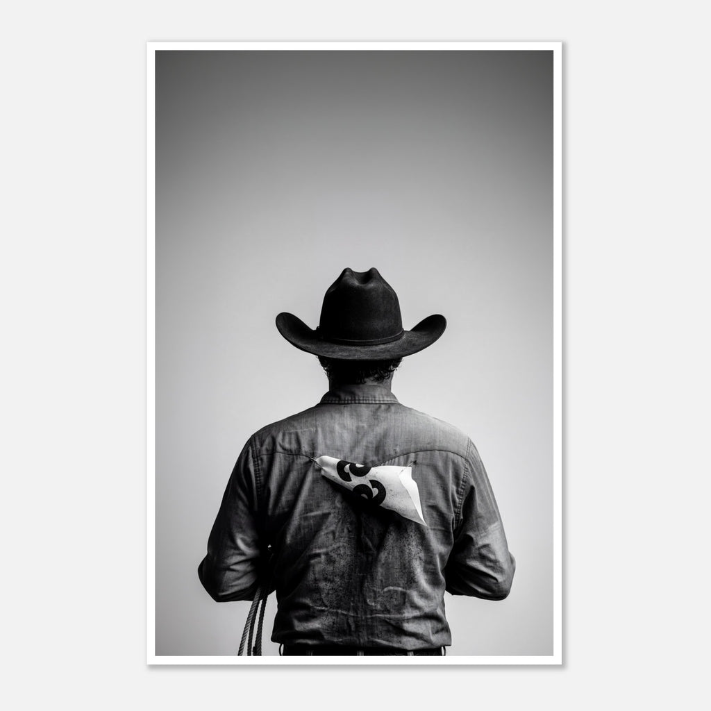 Black and white photograph of a rodeo cowboy viewed from behind wearing a western hat with a numbered rodeo tag pinned to his shirt after competition.