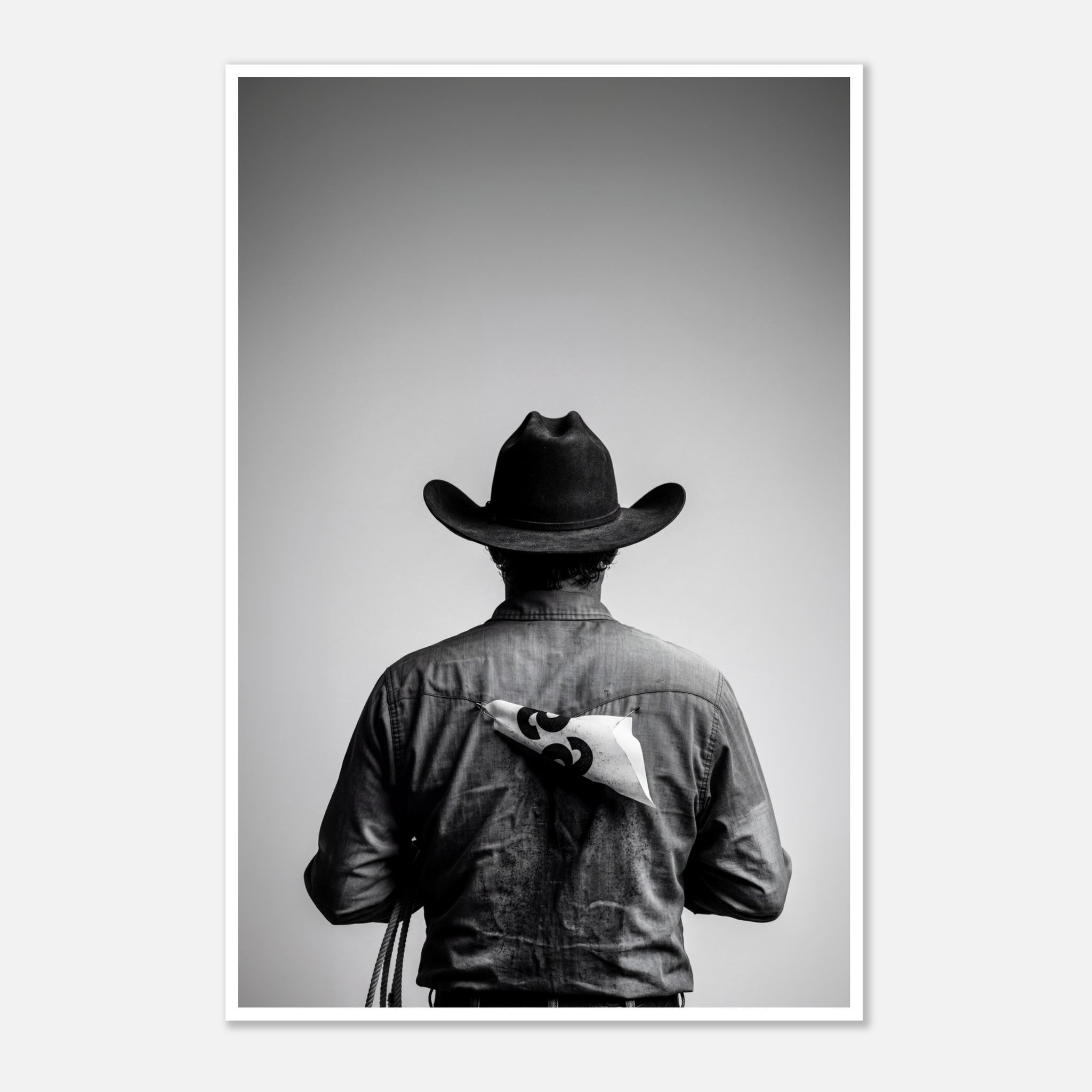 Black and white photograph of a rodeo cowboy viewed from behind wearing a western hat with a numbered rodeo tag pinned to his shirt after competition.