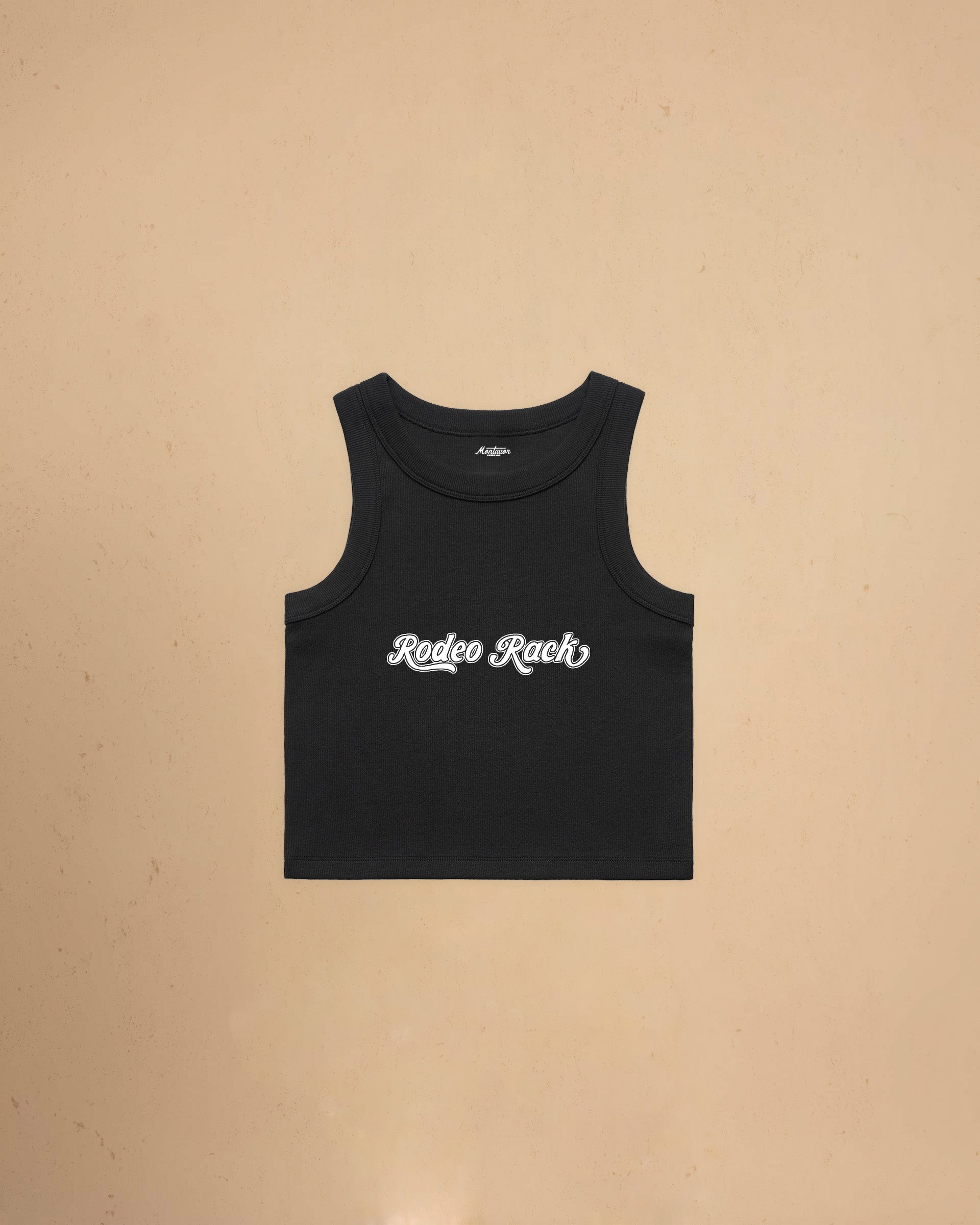 Women’s western-inspired Rodeo Rack cropped tank top with vintage country graphic design by Montavor