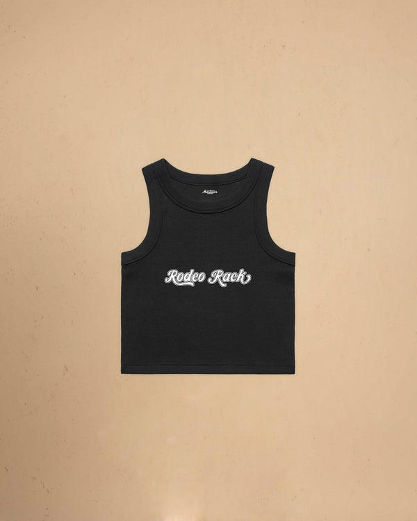 Women’s western-inspired Rodeo Rack cropped tank top with vintage country graphic design by Montavor
