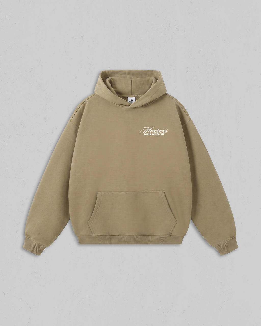 Front view of women’s Beige Christ Is King hoodie with bold white Christian 