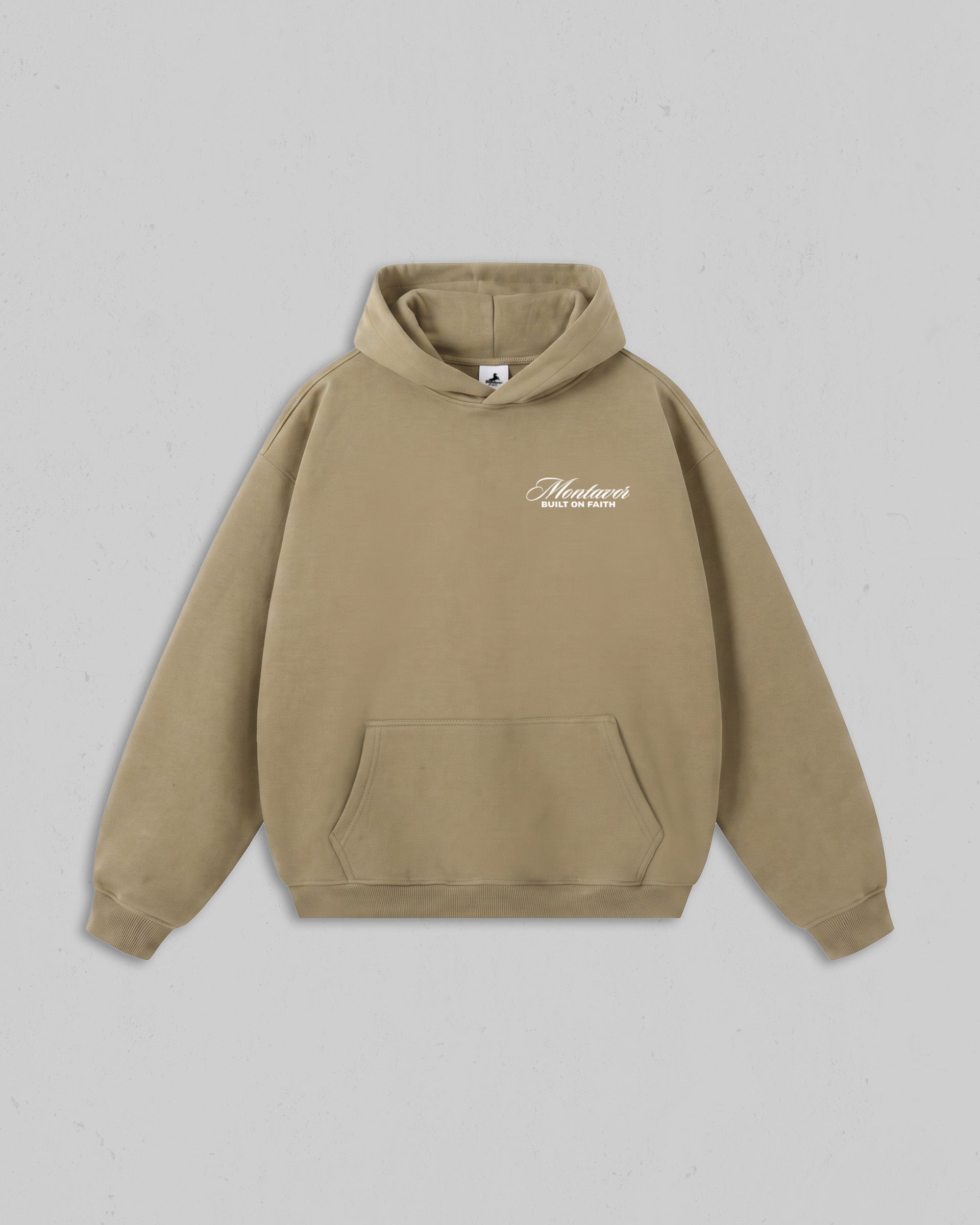 Front view of women’s Beige Christ Is King hoodie with bold white Christian 