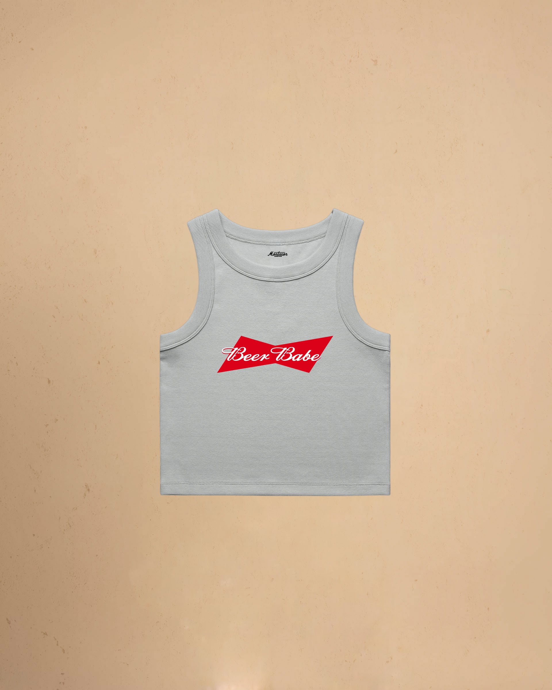 Beer Babe organic crop tank top featuring a retro-inspired beer graphic and slim fit cropped silhouette by Montavor.