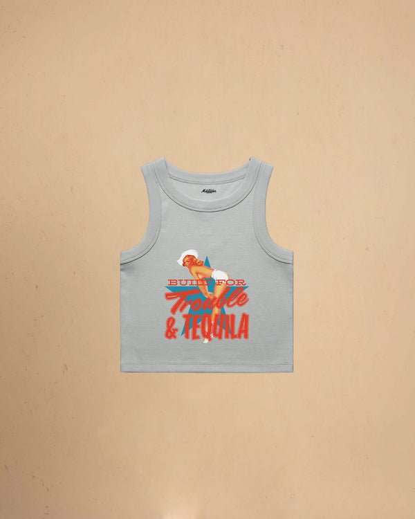 Storm Women’s Built For Trouble cropped tank top featuring a vintage-inspired Western graphic print on a premium ribbed crop tank.