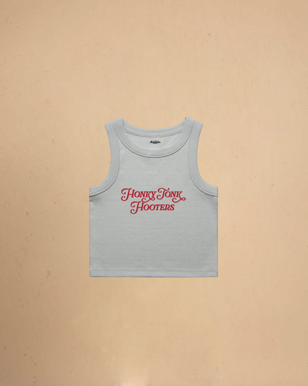 Women’s Honky Tonk Hooters organic crop tank top featuring vintage western typography, premium ribbed construction, and a flattering slim cropped fit.
