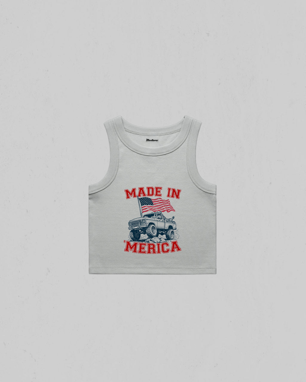 Storm Colored Made in Merica organic crop tank top with American flag and off-road pickup truck graphic
