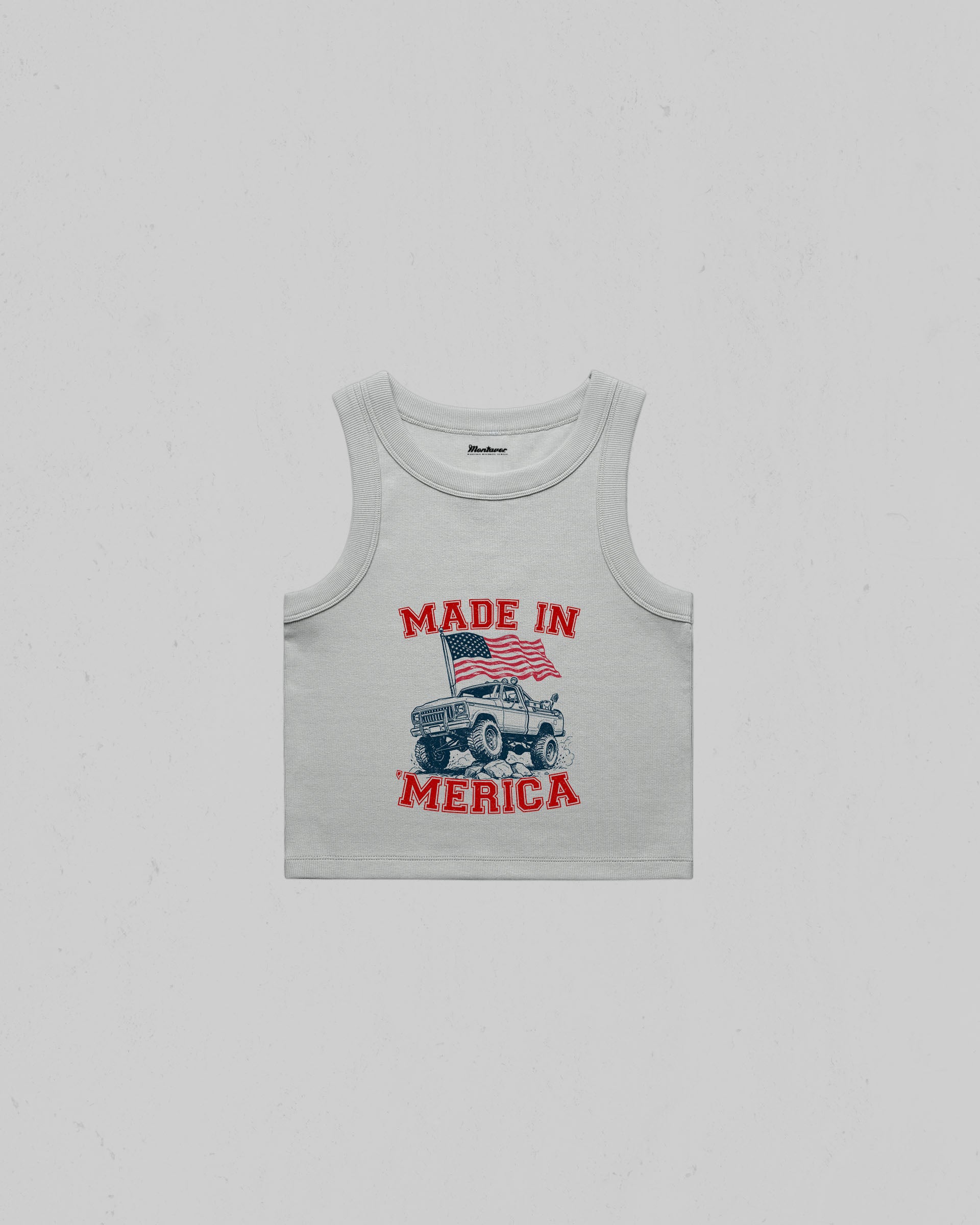 Storm Colored Made in Merica organic crop tank top with American flag and off-road pickup truck graphic