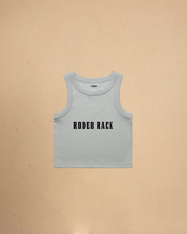 Rodeo Rack organic crop tank top by Montavor featuring bold western typography on a premium ribbed cropped tank.