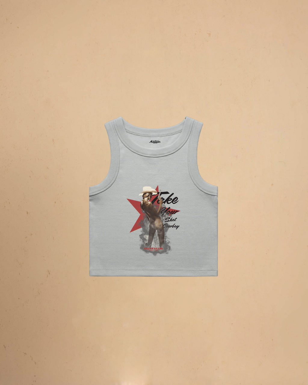 Take Your Shot Cowboy organic rib crop tank featuring a western cowgirl graphic with smoke effects and vintage western styling.