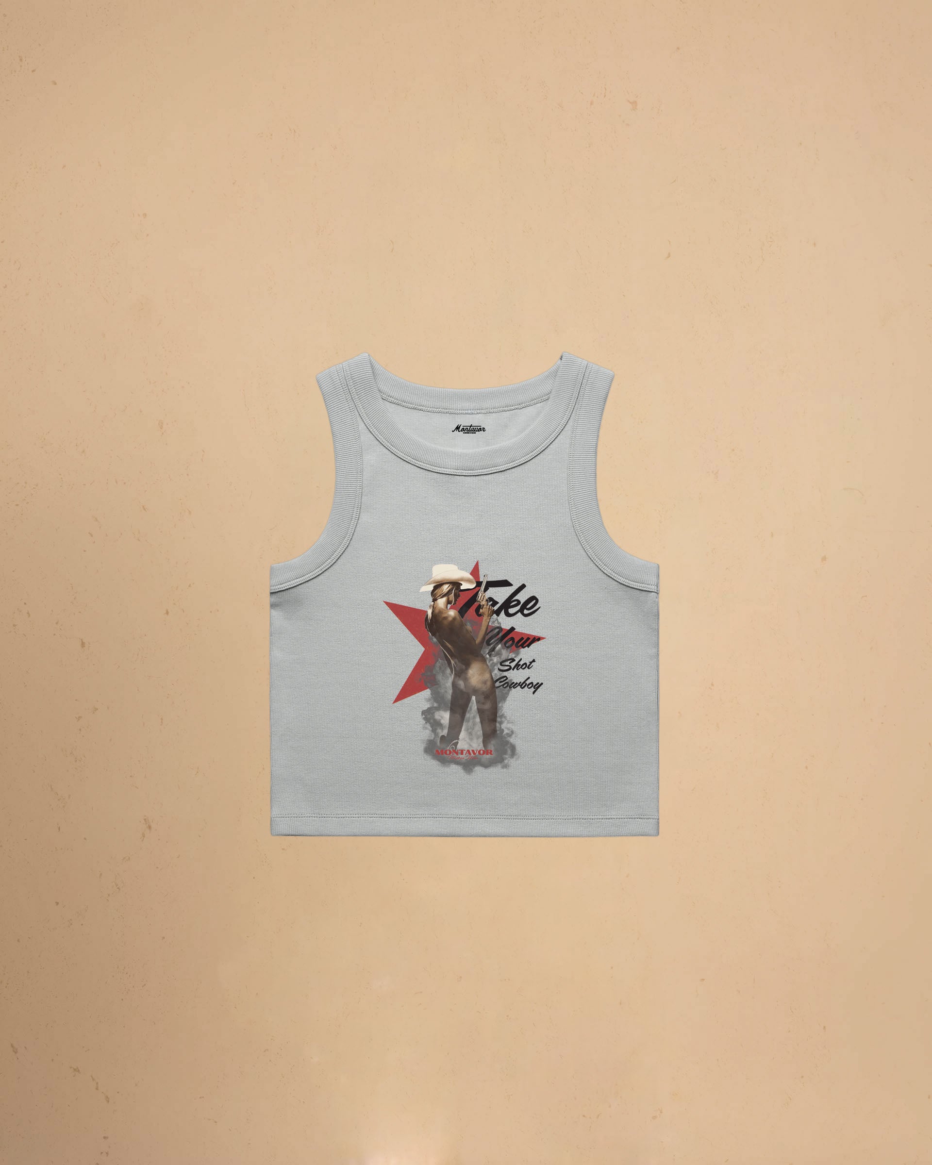 Take Your Shot Cowboy organic rib crop tank featuring a western cowgirl graphic with smoke effects and vintage western styling.