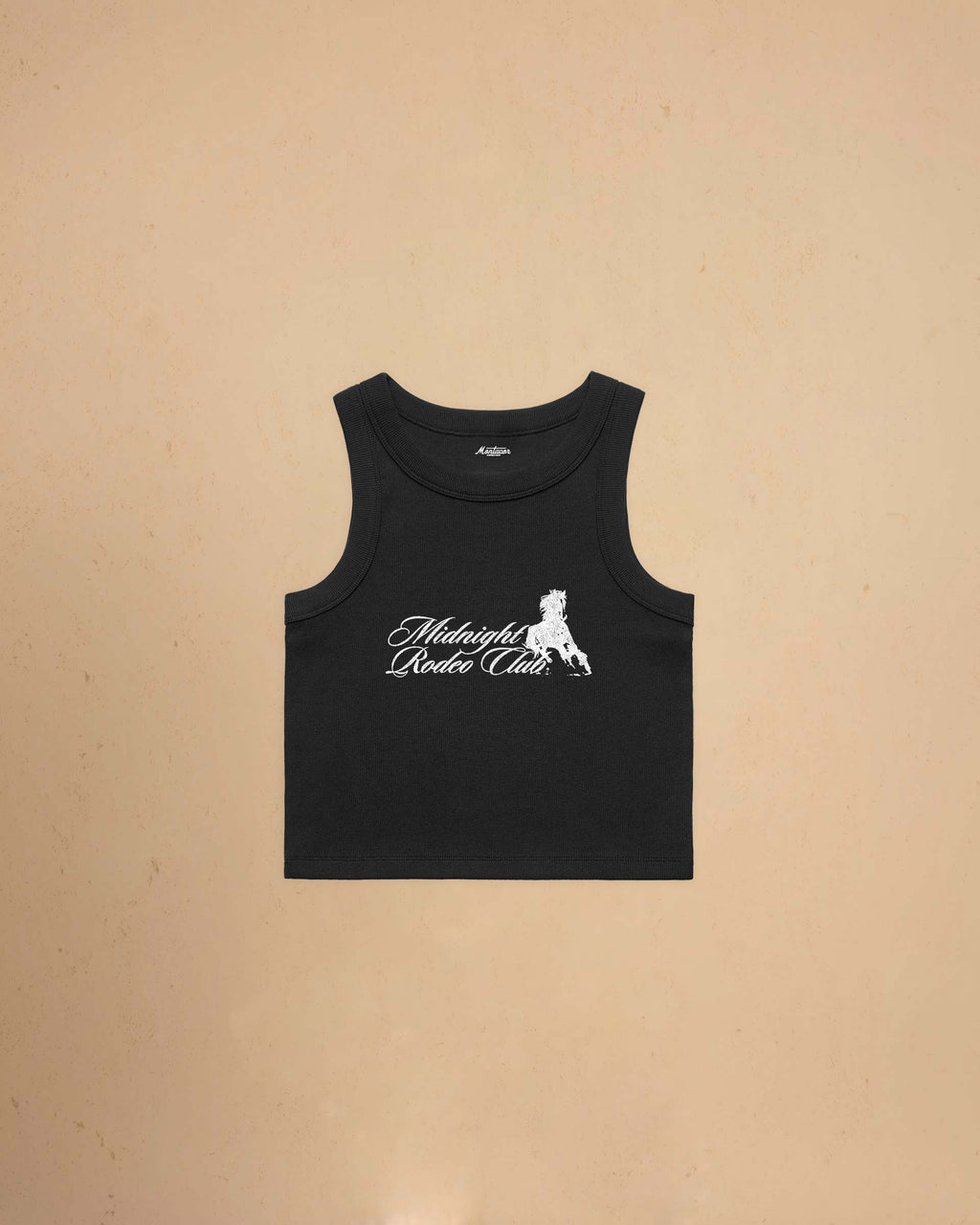 Black tank top with 'Midnight Rodeo Club' logo on a beige background