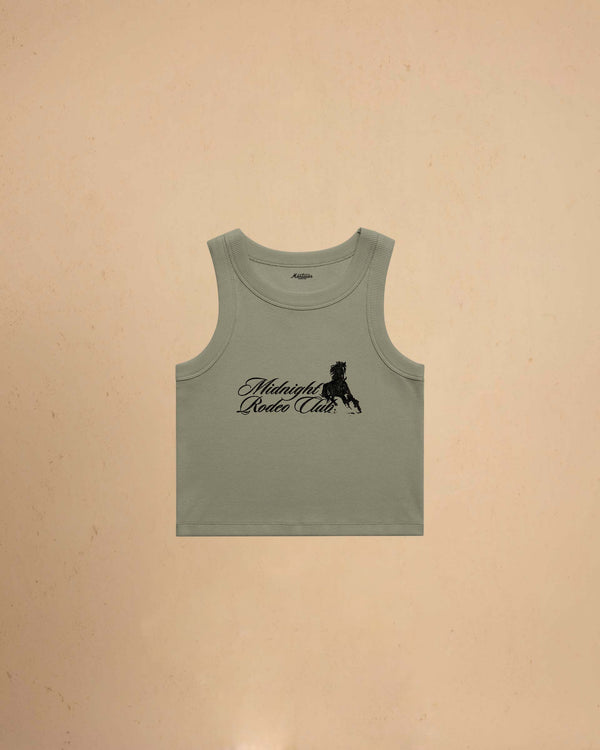 Green tank top with Midnight Rodeo Club, on a beige background