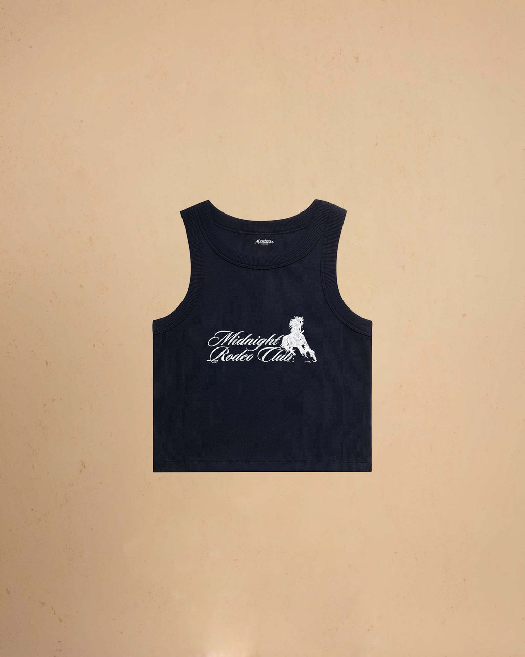 Navy tank top with white graphic of Midnight Rodeo Club, and text on a beige background night