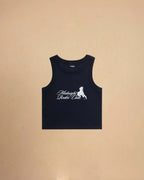 Navy tank top with white graphic of Midnight Rodeo Club, and text on a beige background night