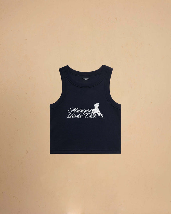 Navy tank top with white graphic of Midnight Rodeo Club, and text on a beige background night