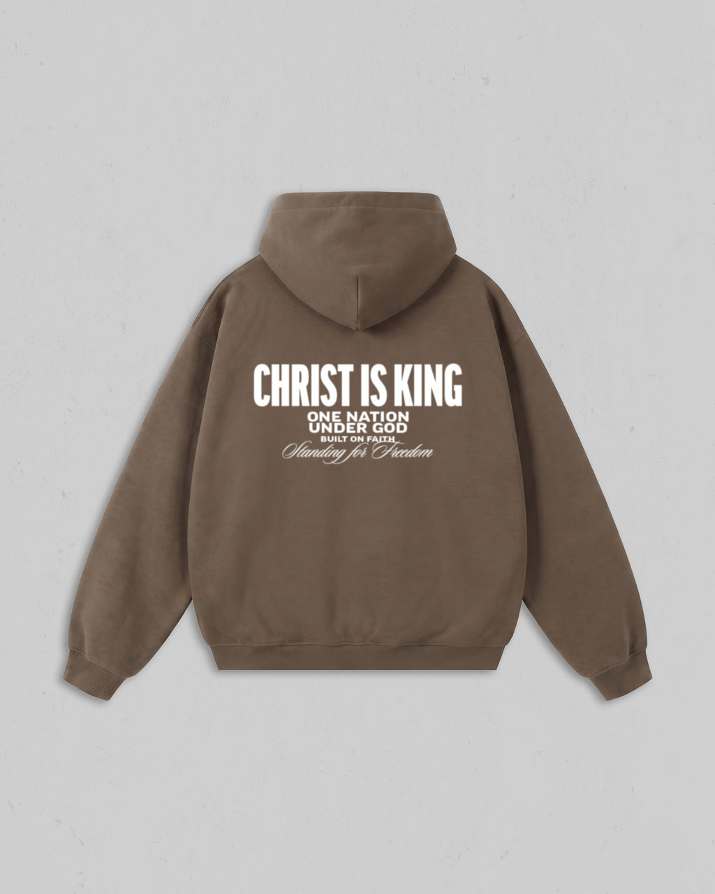 Back view of women’s Brown Christ Is King hoodie with bold white Christian 