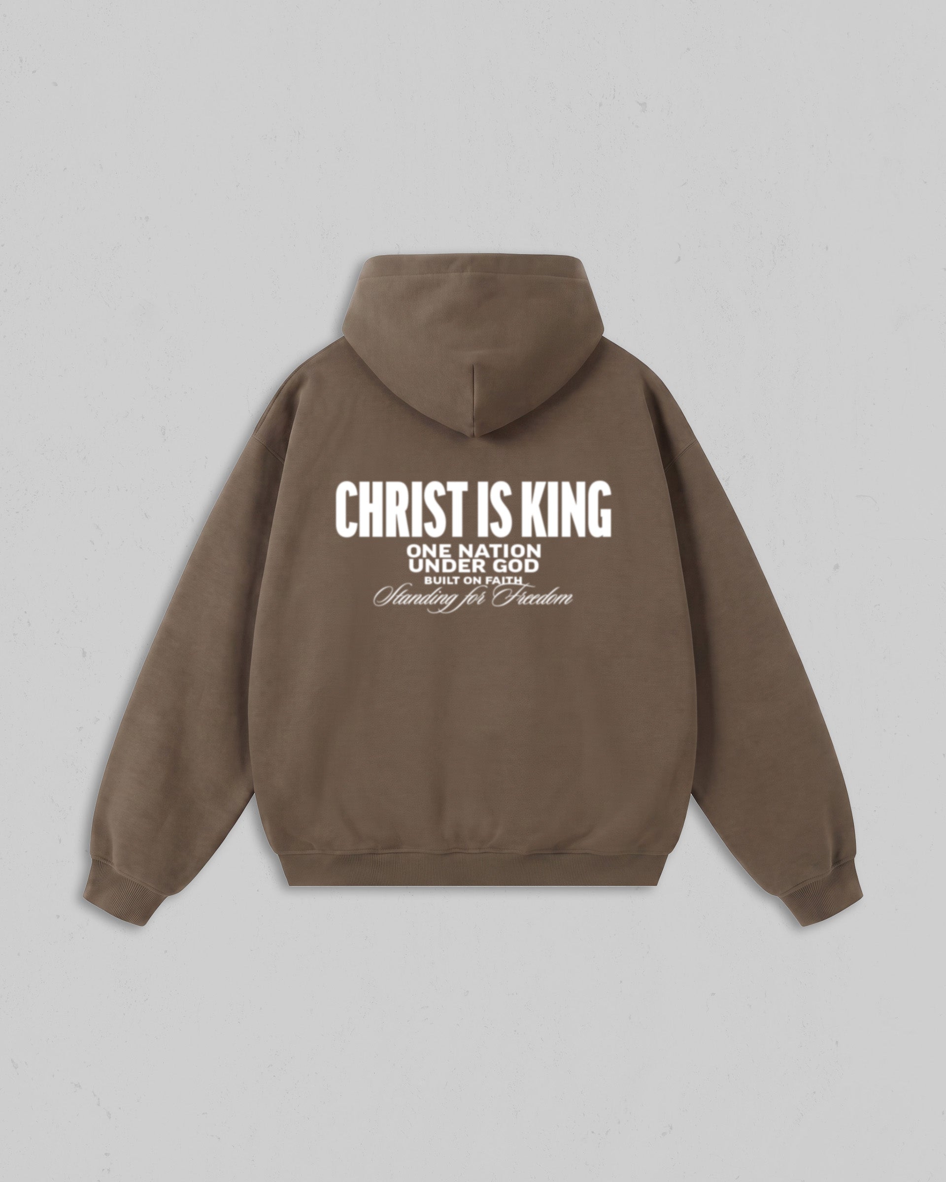 Back view of women’s Brown Christ Is King hoodie with bold white Christian 