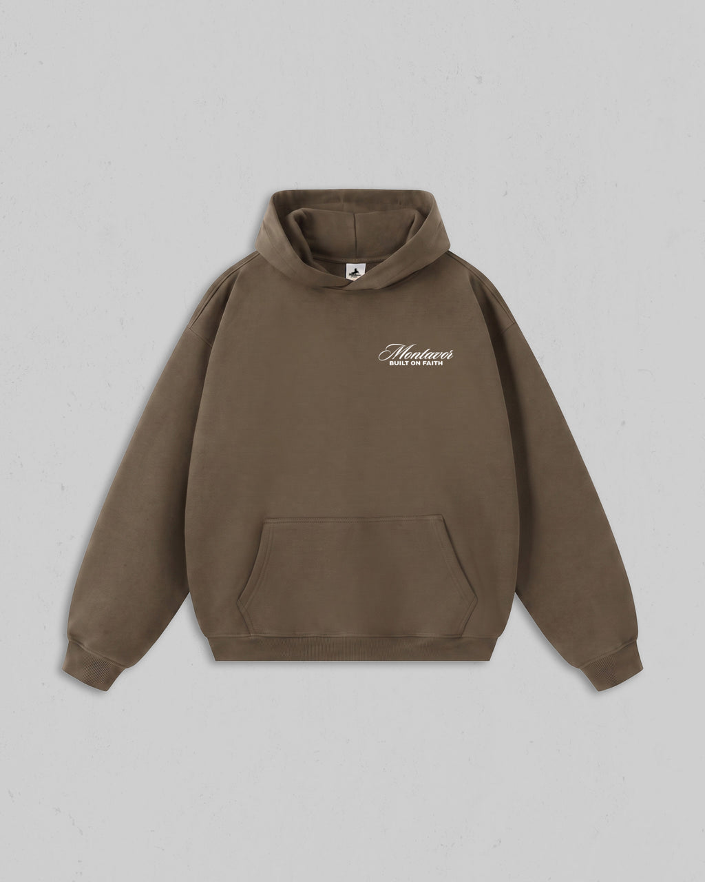 Front view of women’s Brown Christ Is King hoodie with bold white Christian 