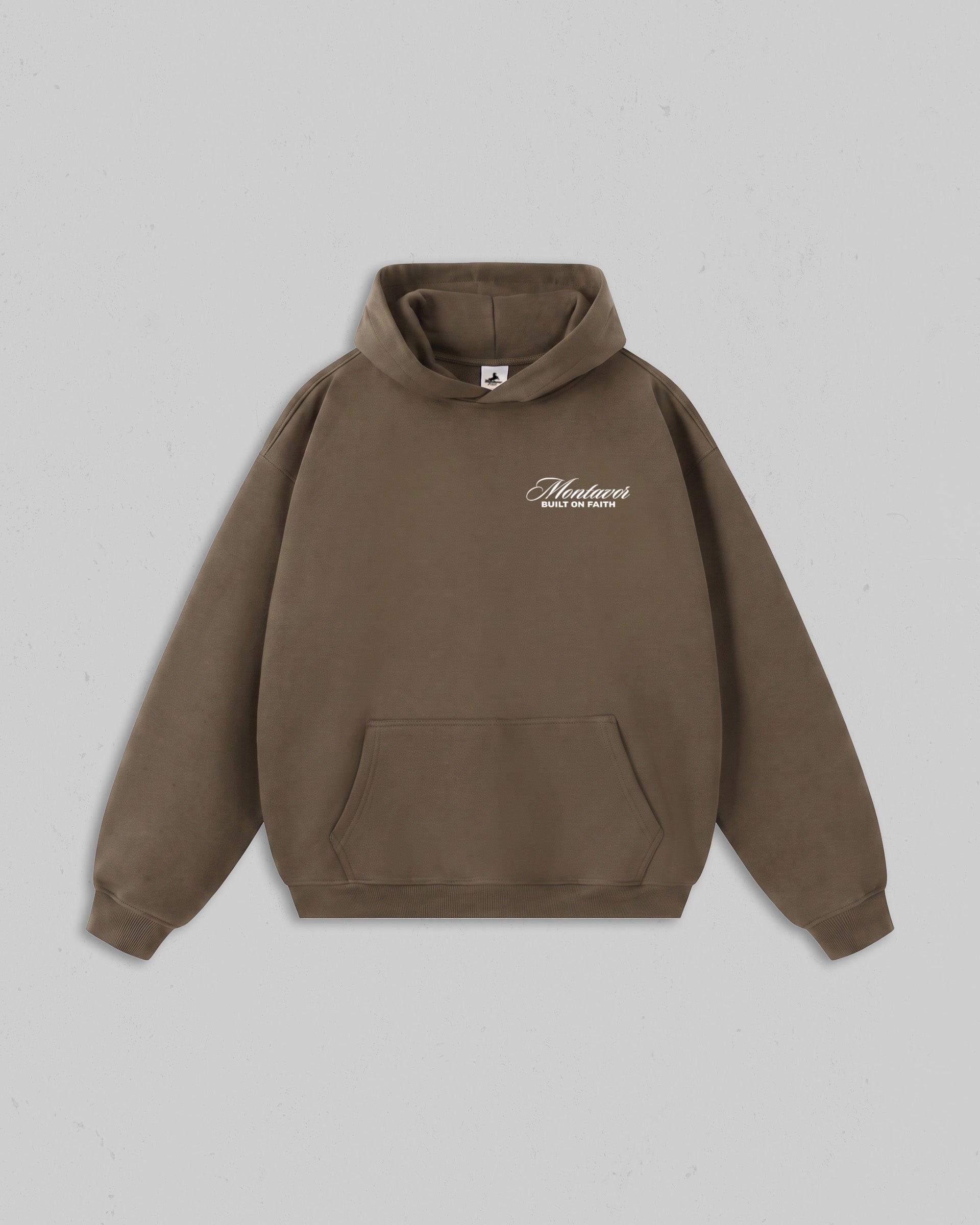 Front view of women’s Brown Christ Is King hoodie with bold white Christian 
