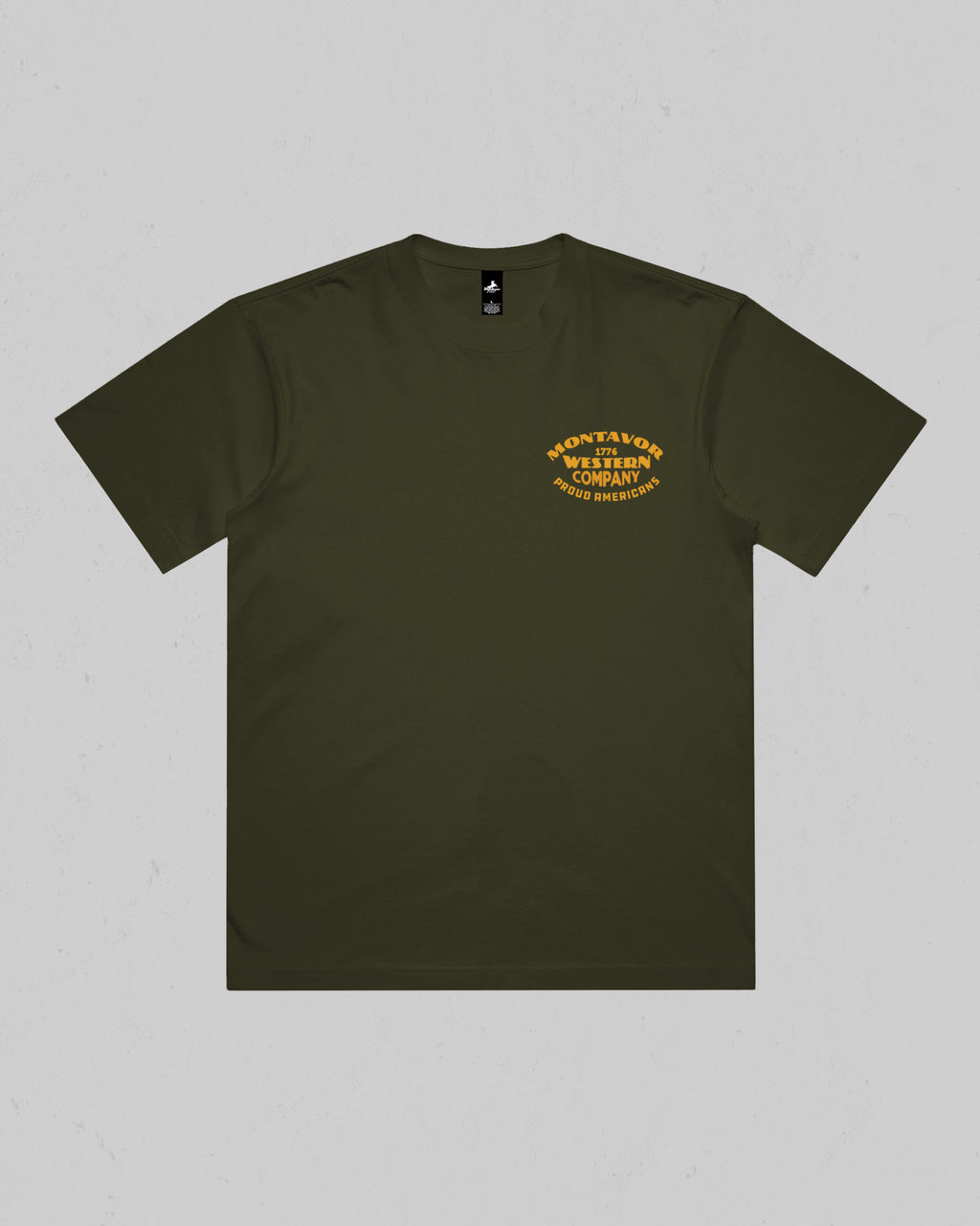 Montavor Western Company heavyweight T-shirt in Army Green, front view with small left-chest typography graphic.