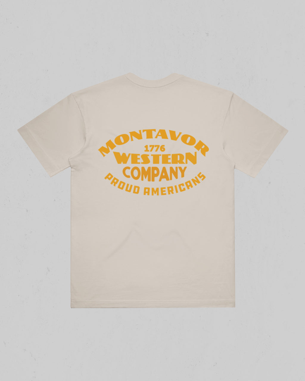 Montavor Western Company heavyweight T-shirt in Bone, back view with large Montavor 1776 Western Company Proud Americans graphic.