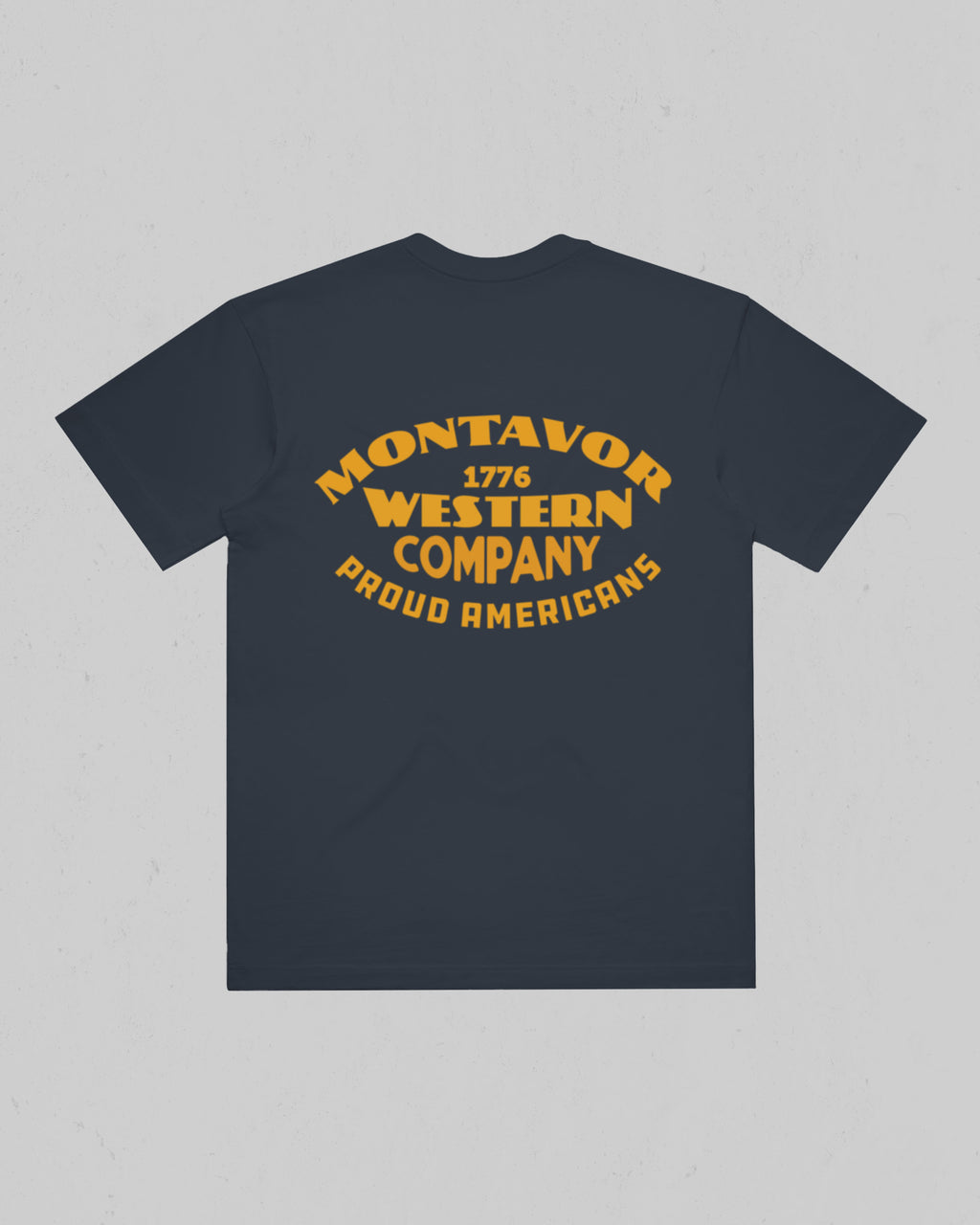 Montavor Western Company heavyweight T-shirt in Petrol Blue, back view with large Montavor 1776 Western Company Proud Americans graphic.