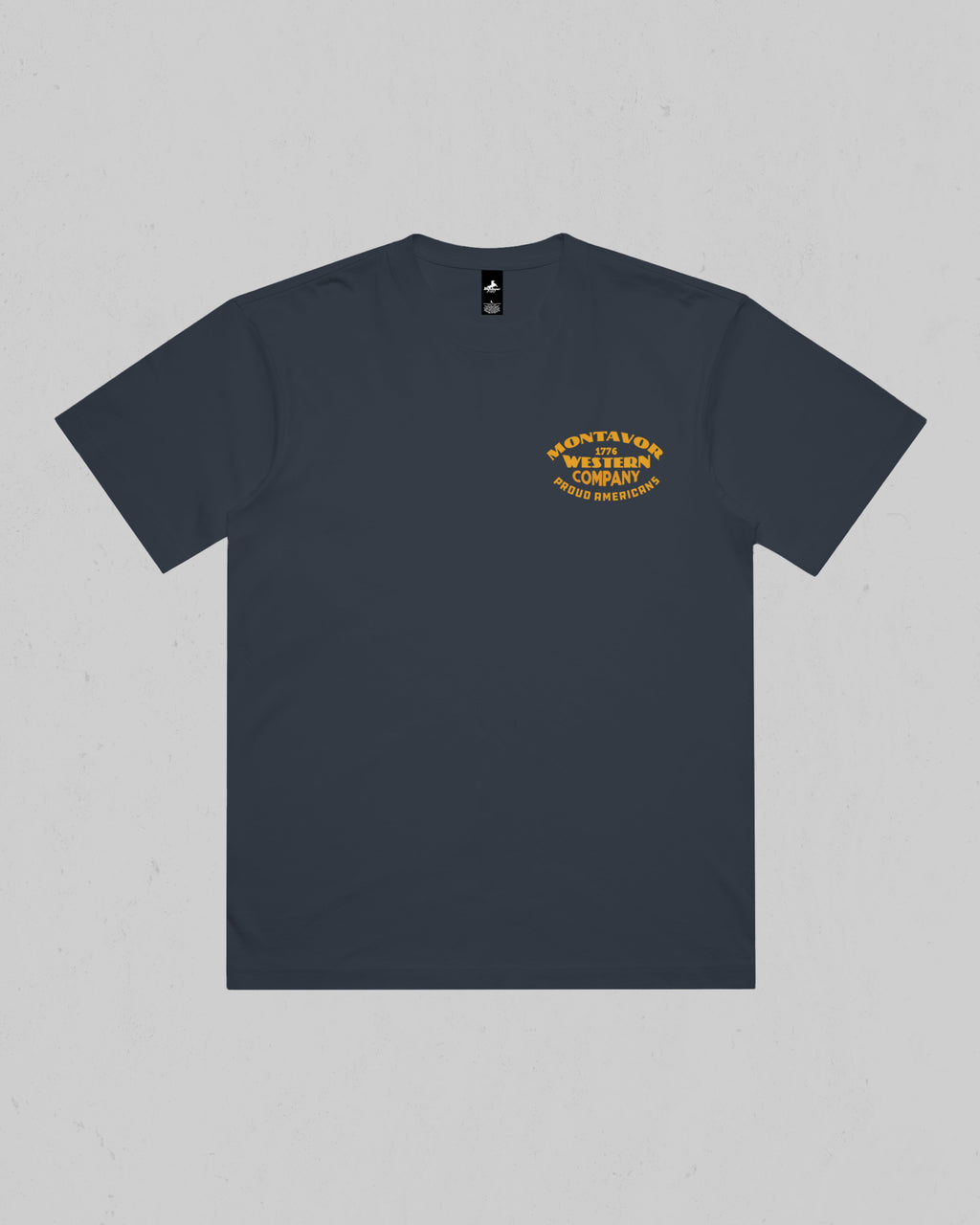 Montavor Western Company heavyweight T-shirt in Petrol Blue, front view with small left-chest typography graphic.