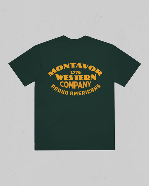 Montavor Western Company heavyweight T-shirt in Pine Green, back view with large Montavor 1776 Western Company Proud Americans graphic.