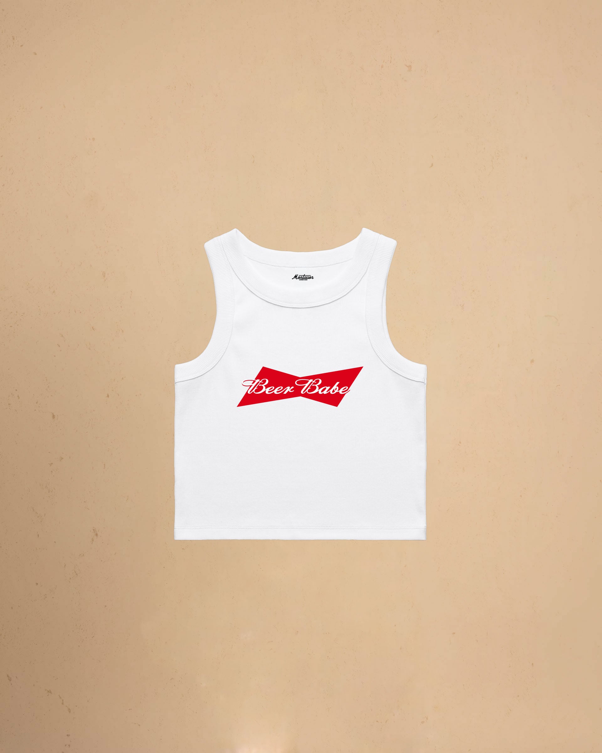Beer Babe organic crop tank top featuring a retro-inspired beer graphic and slim fit cropped silhouette by Montavor.