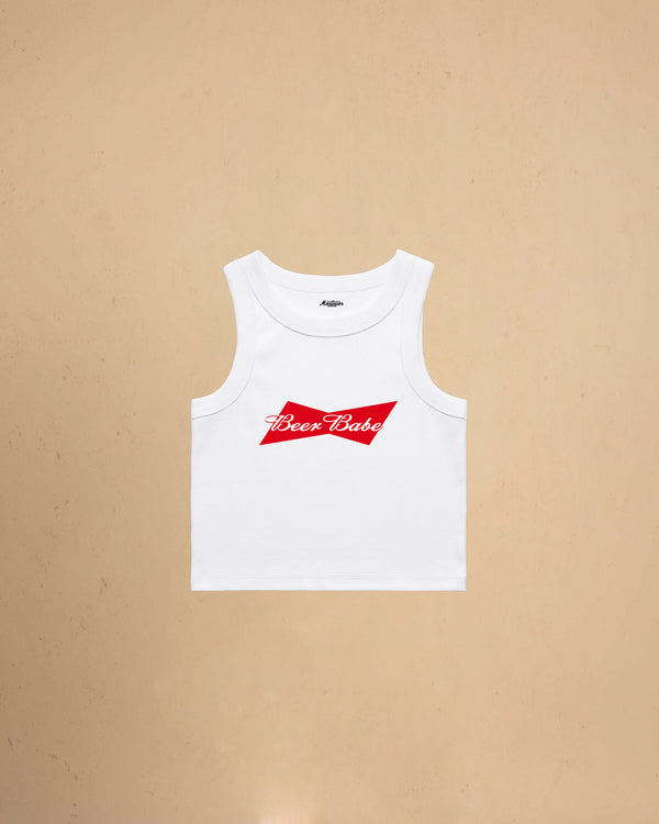 Beer Babe organic crop tank top featuring a retro-inspired beer graphic and slim fit cropped silhouette by Montavor.