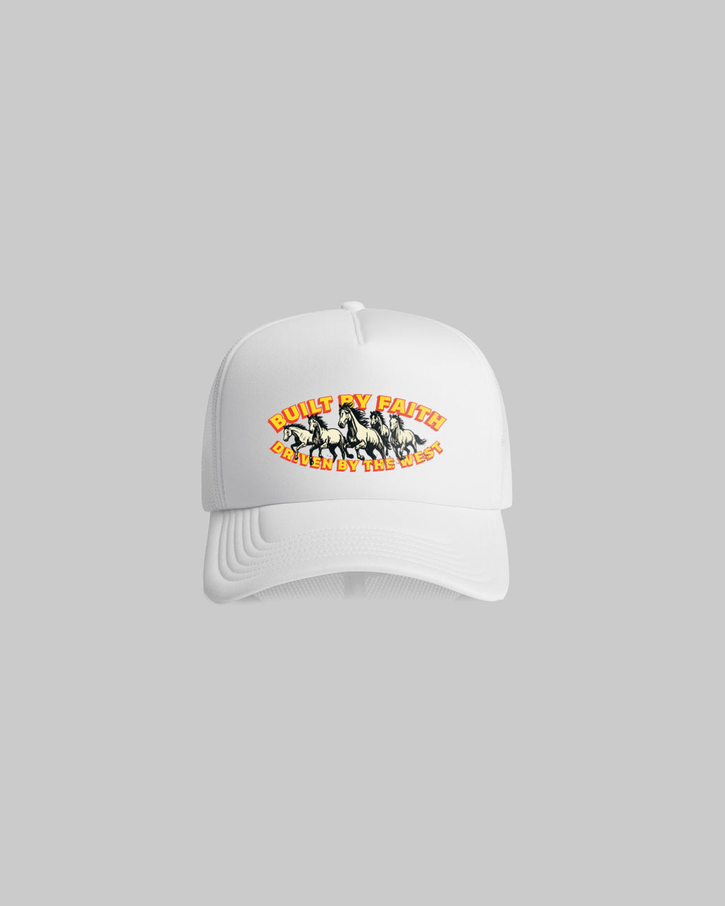 White Built By Faith western trucker cap featuring a vintage horse graphic and curved peak.