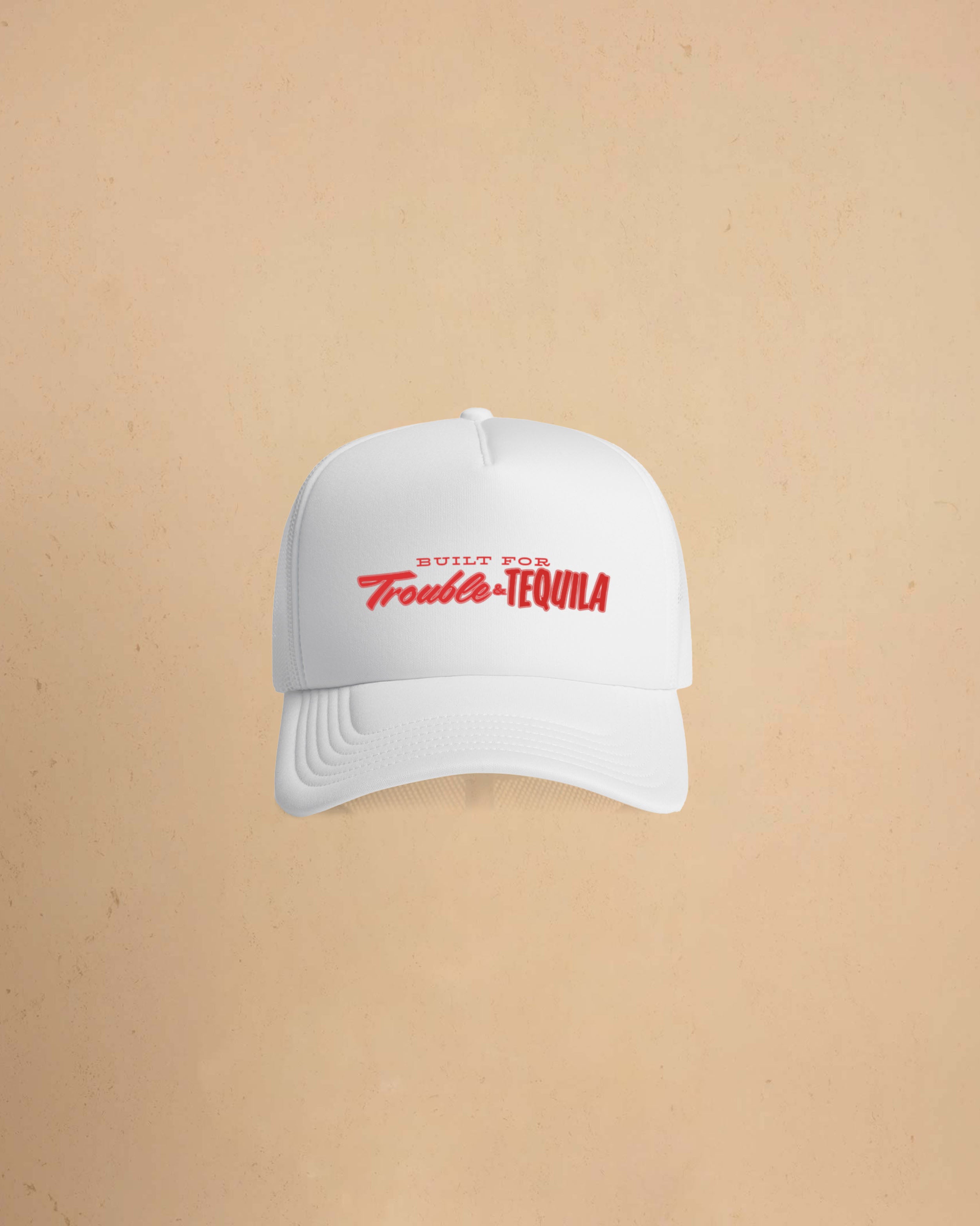 Built For Trouble trucker cap featuring a bold Western-inspired graphic on a high-profile foam-front snapback cap with breathable mesh backing. Main image