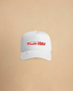 Built For Trouble trucker cap featuring a bold Western-inspired graphic on a high-profile foam-front snapback cap with breathable mesh backing.
