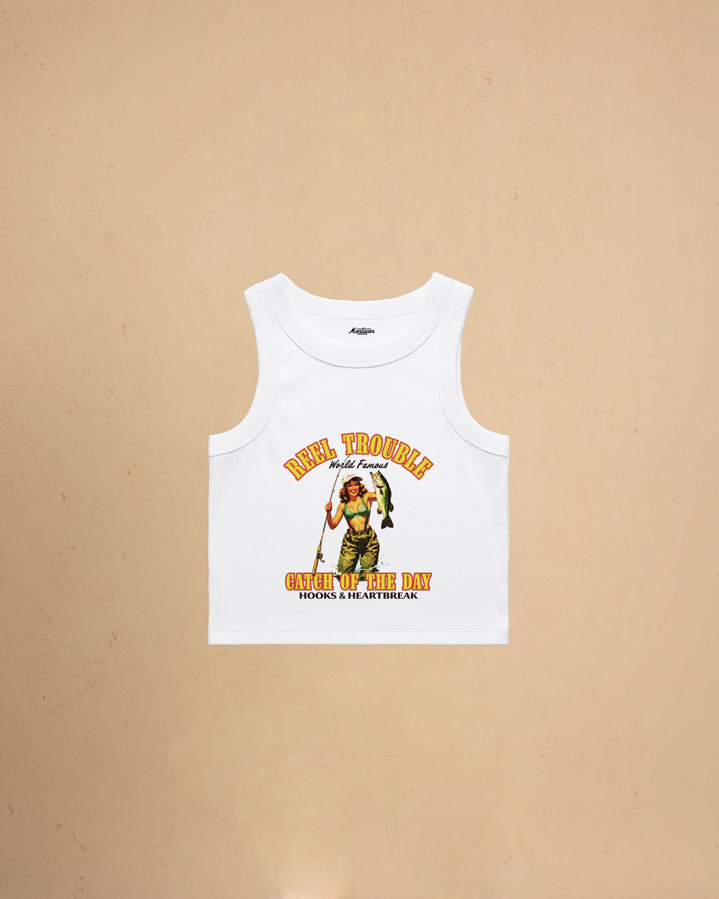 Women’s Reel Trouble organic crop tank featuring a vintage fishing pin-up graphic with retro western styling and heavyweight ribbed cotton construction.