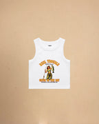 Women’s Reel Trouble organic crop tank featuring a vintage fishing pin-up graphic with retro western styling and heavyweight ribbed cotton construction.