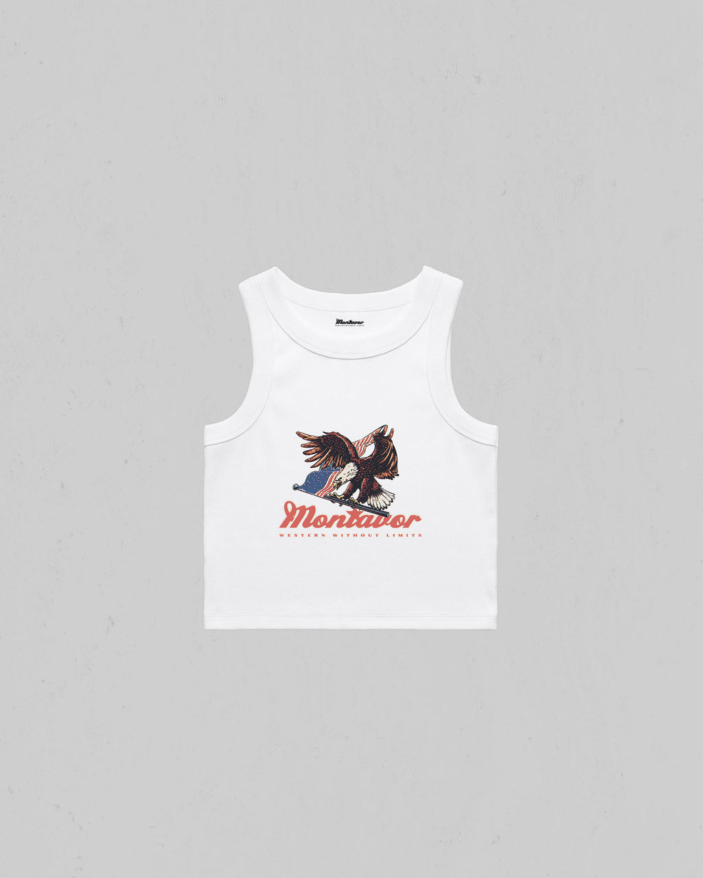 Montavor Eagle Organic Crop Tank Top featuring a vintage Americana eagle graphic on the front.