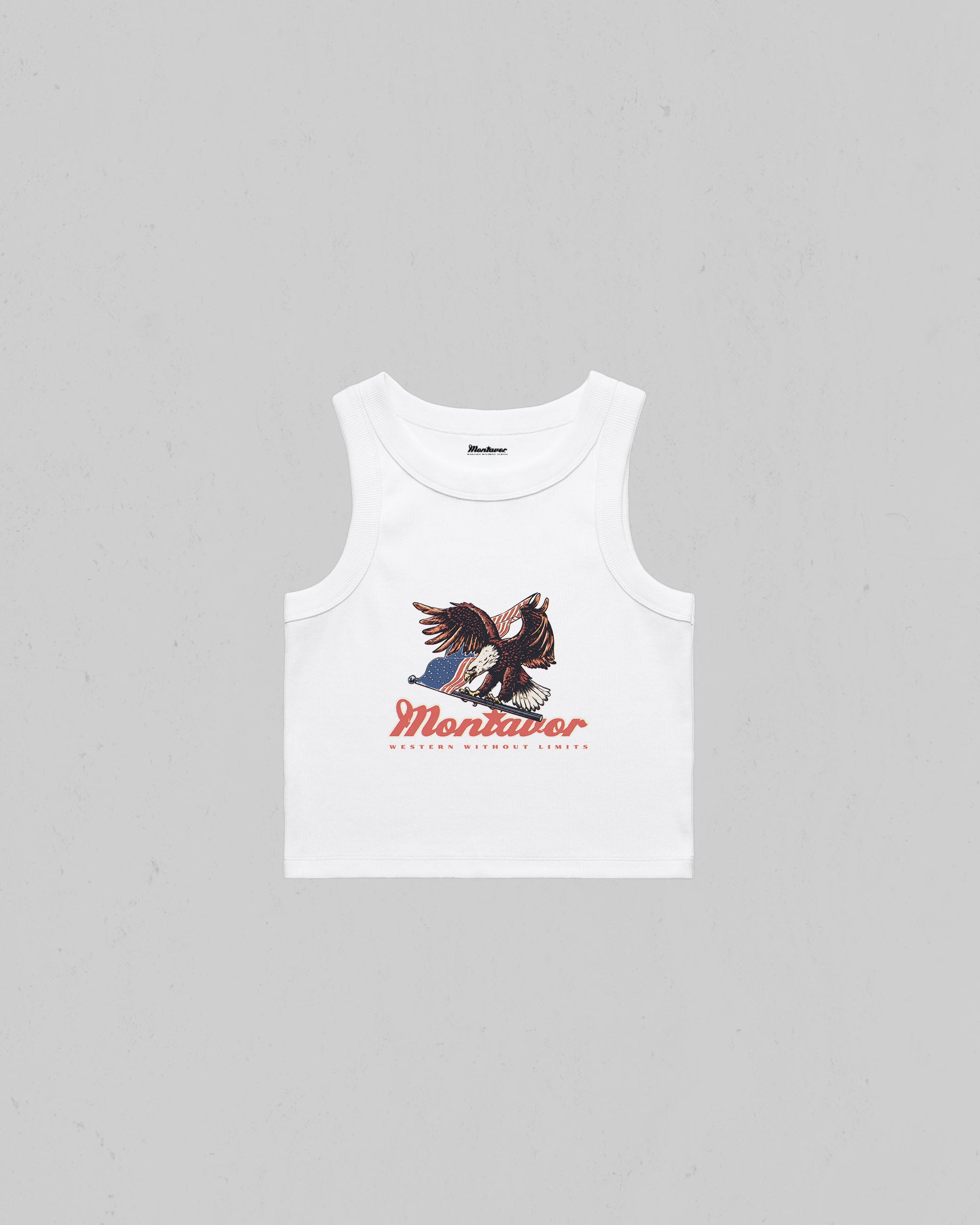 Montavor Eagle Organic Crop Tank Top featuring a vintage Americana eagle graphic on the front.