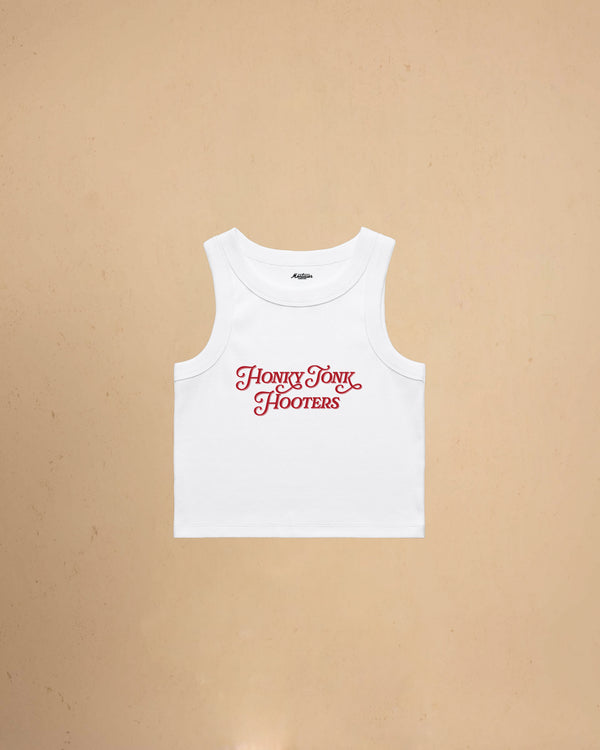 Women’s Honky Tonk Hooters organic crop tank top featuring vintage western typography, premium ribbed construction, and a flattering slim cropped fit.