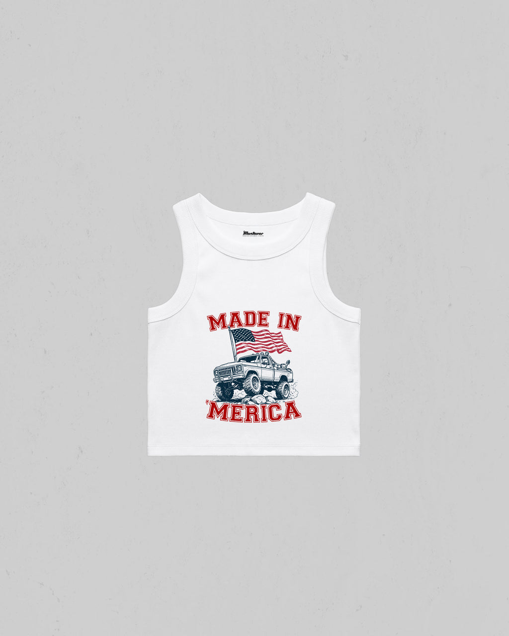 Made in Merica organic crop tank top with American flag and off-road pickup truck graphic