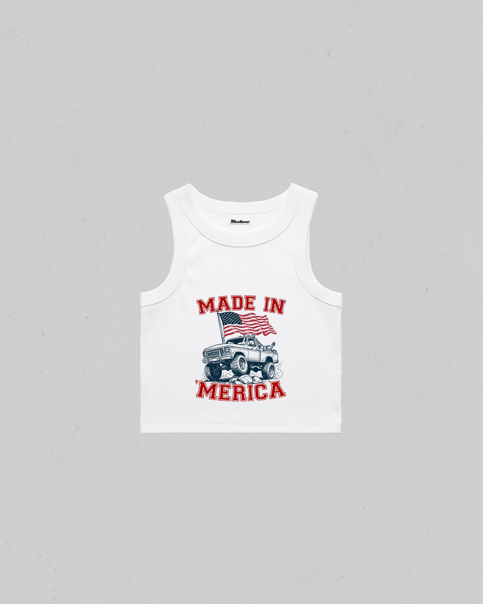 Made in Merica organic crop tank top with American flag and off-road pickup truck graphic