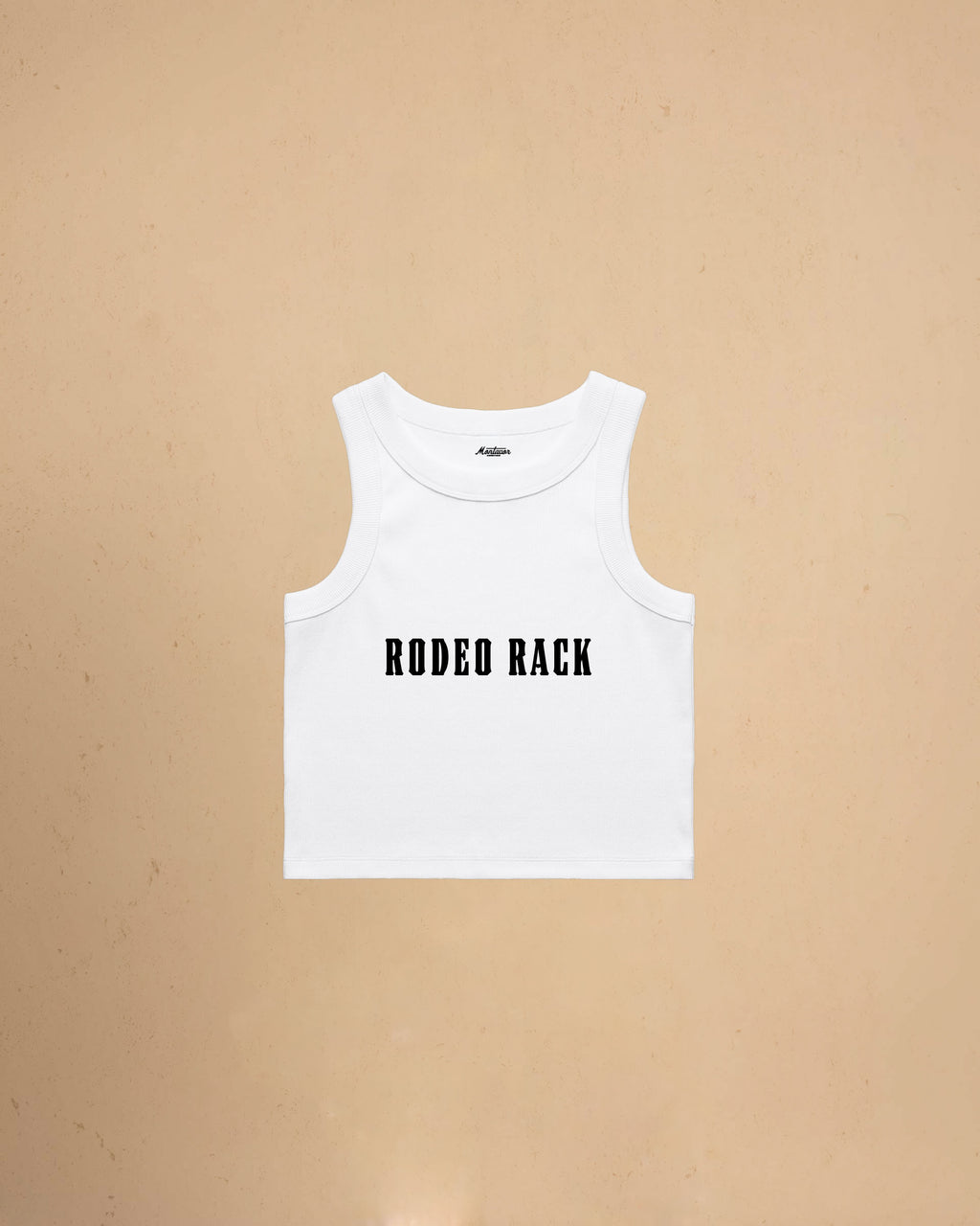 Rodeo Rack organic crop tank top by Montavor featuring bold western typography on a premium ribbed cropped tank.