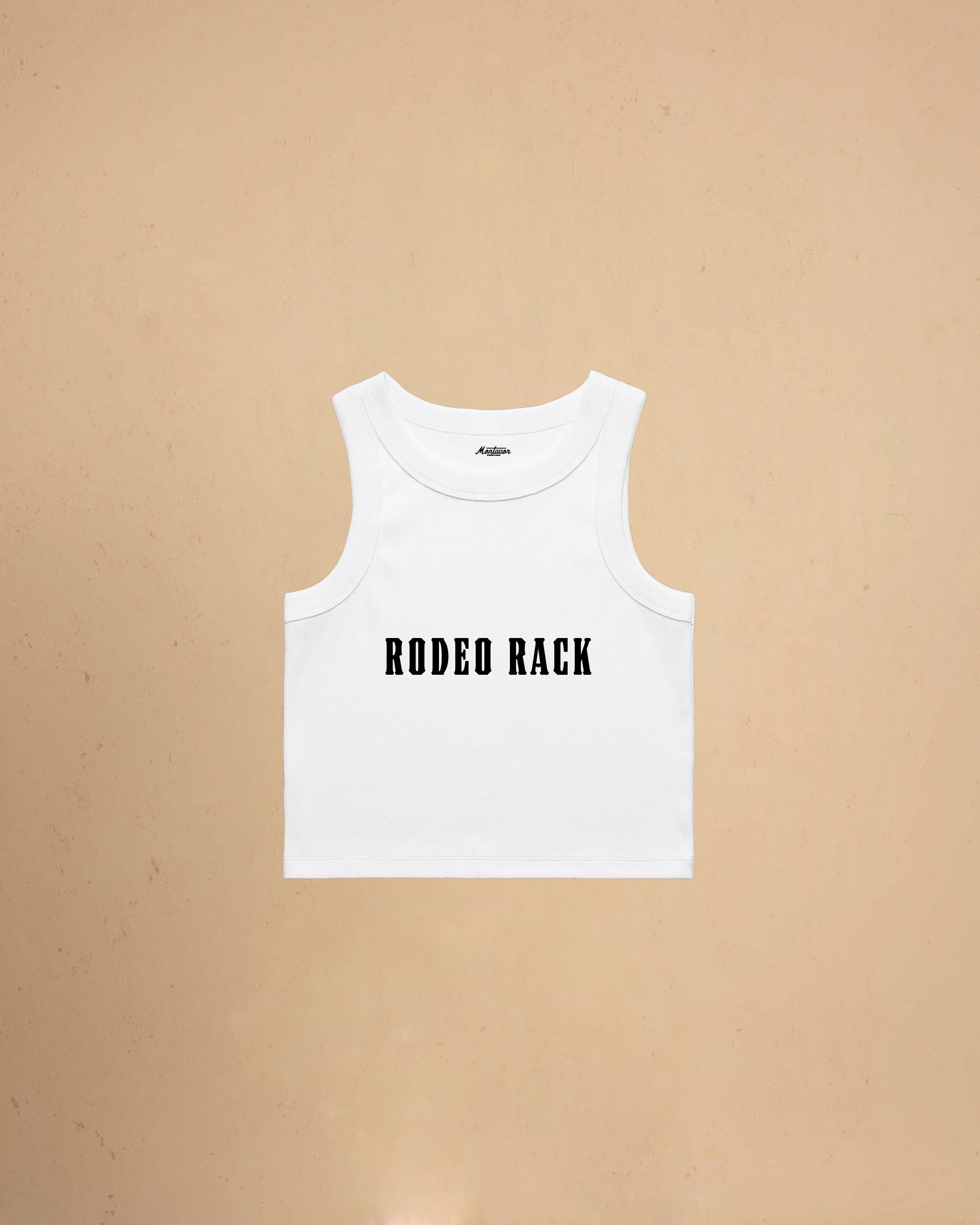 Rodeo Rack organic crop tank top by Montavor featuring bold western typography on a premium ribbed cropped tank.