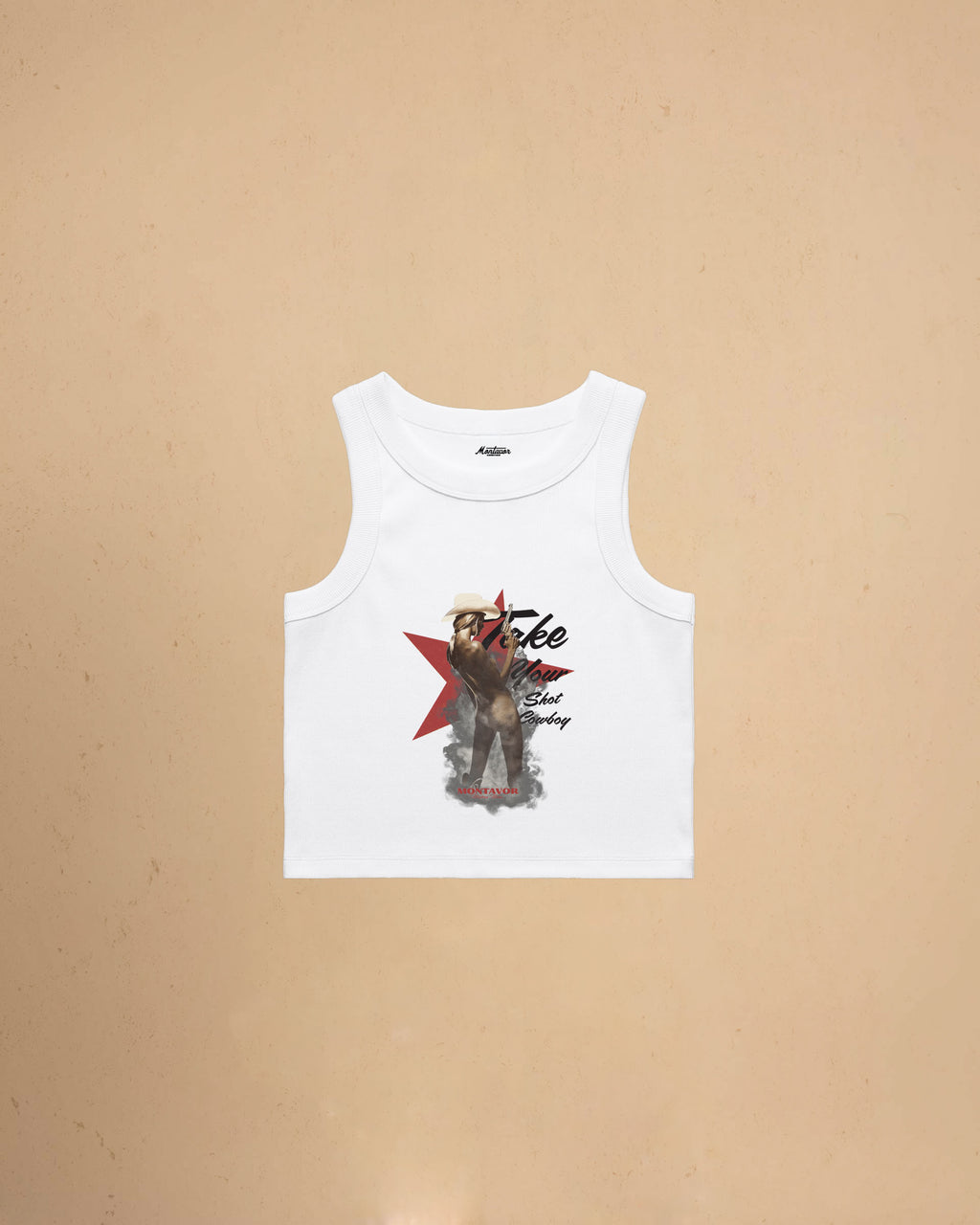 Take Your Shot Cowboy organic rib crop tank featuring a western cowgirl graphic with smoke effects and vintage western styling.