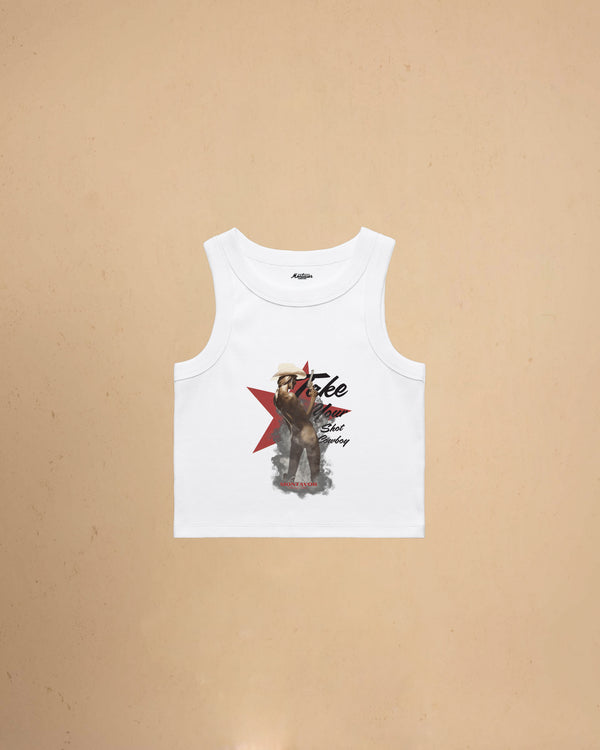 Take Your Shot Cowboy organic rib crop tank featuring a western cowgirl graphic with smoke effects and vintage western styling.